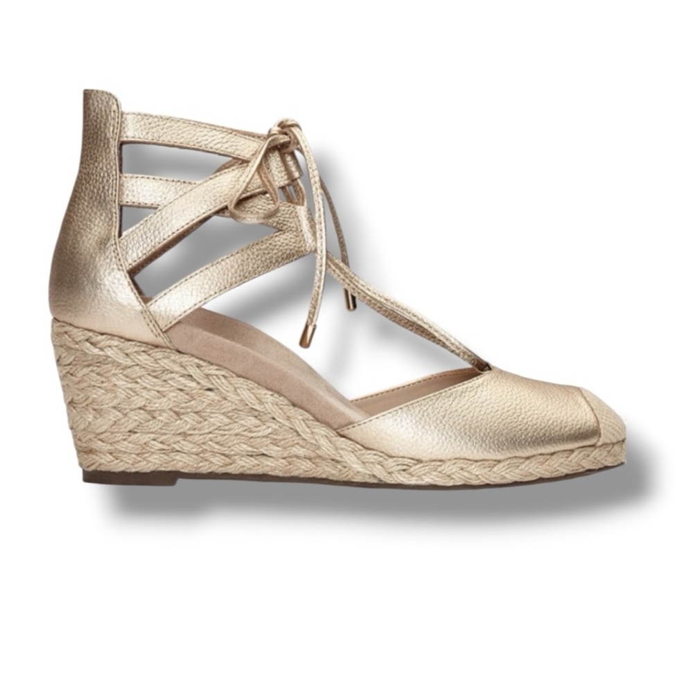 Vionic Aruba Calypso Lace-Up Espadrille Wedge Sandals in Gold Leather Size 9 - Picture 2 of 9